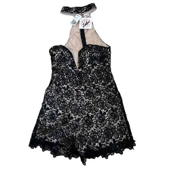 Selfie Leslie Black Lace Sexy Strapless with Halter Neck Shorts Romper sz L NWT - Picture 1 of 9